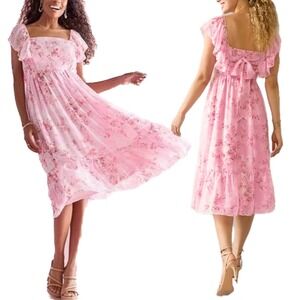 Audrey Parks Pink Floral Smocked Square Neck Flutter Sleeve Dress Size Small‎